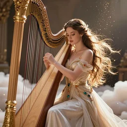 a beautiful female goddess of harps character, character is in all its glory, character is centered on the image, character is in her natural relaxed pose, rim lights, particles and dust in the air, fancy clouds, highly detailed professional photo, dynamic lights, particles are flying, depth of field, trending on artstation, illustration, hyper realistic, vray caustics, super detailed, colorful accents, cinematic shot