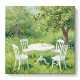 a painting of a summer garden with white table, tall grass, chairs and apple trees, shadow, flowers, cold tones, evening, watercolor, color pensils and pastel, lovely, nostalgic, beautiful, impressionist, wonderful, art