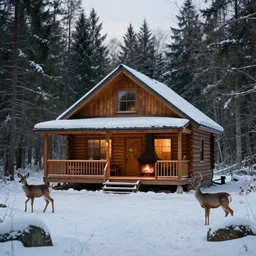 a log cabin with a fireplace and a wraparound porch in canada winter forest with deer, cinematic look, god lighting, 4 k, beautiful landscape