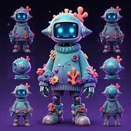 official character sheets for an adorable new sea angel biomech suit, digital screen robot face, wearing an oversized sweater, covered in coral, art by tim schafer black velvetopia art for psychonauts from double fine studios, art by splatoon from nintendo, black light rave, adult character, apocalypse