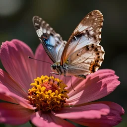 butterfly with wings made out of feathers drinking from a large beautiful flower, macro shot, hyper realism,