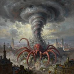 epic hyperdetailed painting of tornado cthulhu 🐙🕷 towering above the city. highly detailed portrait, rococo, digital painting, artstation, concept art, intricate, elegant. art by craig mullins and artgerm and greg rutkowski and alphonse mucha, masterpiece. misty cityscape
