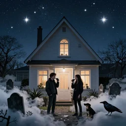 fugue, black milk, day and night, man and women drinking, Deutschland, in front of a house, stars glisten, man whistles to dog, graves in clouds, crow