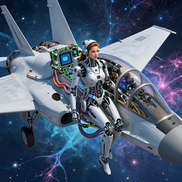inside fighter jet cockpit, a beautiful robot fighter pilot is suspended by intricate organic and electric connections to the jet cockpit computer motherboard, experiencing the quantum field comic book art cinematic highly detailed realistic beautiful cosmic neural network o