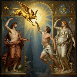Icarus trying to catch the golden snitch, by Rolf Armstrong and Evelyn De Morgan and Bastien Lecouffe-Deharme, dramatic lighting, high contrast colors, baroque, empyrean, panoramic view, as trending on Artstation, highly detailed, doom engine,