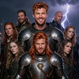 stunning portrait of ( ( ( ( laughing ) ) ) ) ( ( ( ( copper haired chris hemsworth ) ) ) ) as destruction from sandman looking like kristofer hivju!!, medival armour!!, by jeremy mann, by frank moth, jeff easley, alphonse mucha, dave mckean, thunder & lightning, soft lightning, high detailed, 8 k