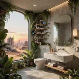 a beautiful very detailed render of bathroom architecture urbex nature city unfinished building by ludwig mies van der rohe, futuristic cosmic junglepunk vice city san andreas postcyberpunk apocalyptic desert elysian otherworldly sunset myst at summer, archdaily, wallpaper, highly detailed, trending on artstation.
