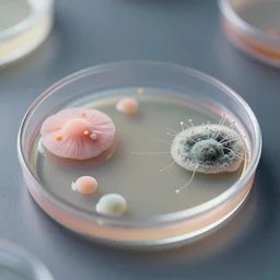 macro photo of petri dish with a pastel coloured fungal cultures and bacteriological culture and mold with little filaments, octane render, tilt shift, soft light, smooth, ultrasharp focus, unreal engine 5, bokeh background, vray