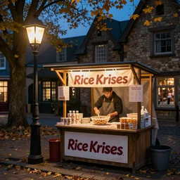 rice krispies vendor in waterdeep, autumn evening, with lamp posts illumating the vendor stand