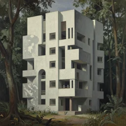a painting of a building in the middle of a forest, a detailed matte painting, brutalism, dystopian art, rough, unfinished surfaces, unusual shapes, straight lines, greeble, oil paint, insanely detailed and intricate, hypermaximalist, elegant, ornate, hyper realistic by eugene von guerard, arnold boecklin, francisco goya, caravaggio, paul rudolph