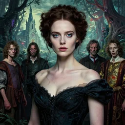 realistic detailed portrait movie shot of an beautiful elegant zombie, futuristic forest with a church in background by jean deville, amano, yves tanguy, denis villeneuve, ernst haeckel, alphonse mucha, max ernst, caravaggio, roger dean, masterpiece, rich moody colours, blue eyes