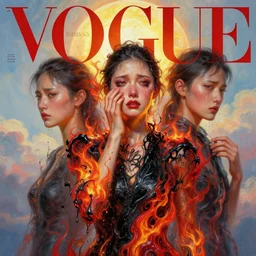 3 d, crying fashion model, flame, liquid black and red water, sun, vogue cover style, poster art, high detail, intricate oil painting, multiple exposure, heaven mood, hyperrealism, 3 d, by tooth wu and wlop and beeple and greg rutkowski