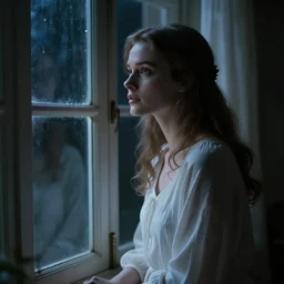Horror film, cinematic tones. Scene where a woman in white looking the window at midnight .