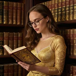 beautiful woman with glasses and long brown hair studying a book, natalie portman, wearing underwear : : old world library, rows of books : : elegant, beautiful, photo realistic, 8 k, artstation, hyperdetailed illustration by irakli nadar and alexandre ferra, intricate linework, faberge, intricate gold linework, dark atmosphere, unreal engine 5 highly rendered, global illumination,