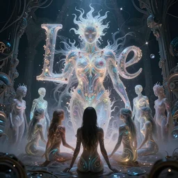 love, translucent people with glowing body paint, from behind, rebirth, wide angle, cinematic atmosphere, elaborate, highly detailed, dramatic lighting
