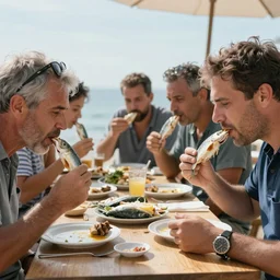 a group of middle aged  male men, eating fish, hyperrealistic, 4k, unreal engine