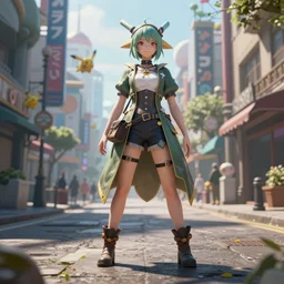 artist reference pictures pose, anatomy skills,sophisticated composition, old masters light composition, procedurally generated, epic anthropomorphic spirit girl character posing for concept art, pokemon city streets behind her, costume design from metamodern designers, substance designer, PBR, HD, Ultra detailed, hyperrealistic, megascans, volumetric light, concept by master artist, made in paint tool SAI2, trending pixiv face