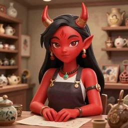 portrait, a beautiful red skinned demoness shopkeeper in her curio store, dramatic lighting, cute geeky appearence, dark horns, donato giancola, jc leyendecker, artgerm, smooth, intricate, highly detailed, golden hour, splash art, high fantasy