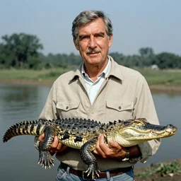 mr. rogers proudly displaying a skinned alligator. 1 9 7 0 s color photo.