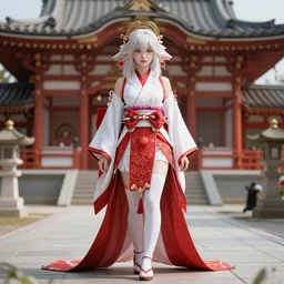 albino Asian miko in a shintoist temple, full body, unreal engine octane, red and white,  gliter, depth of field, 8k, hyper detailed, trending on artstation