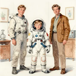 Orville Houghton Peet and William Simpson and Jean Gautier color sketch of a boy super scientist in a retro home made astronaut suit