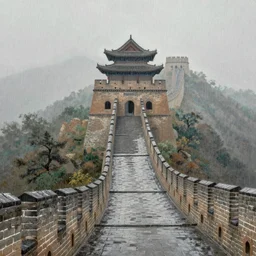 a painting of the great wall, heavy raining, misty, in chinese shui - mo