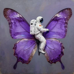 an astronaut riding on the back of a giant purple butterfly, oil painting