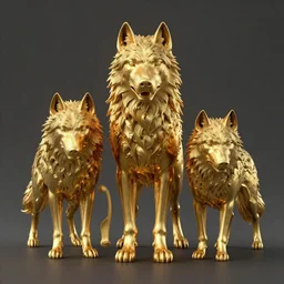wolves and their treasures - golden sculptures of wolves - dramatic lighting, trending on artstation, highly detailed render by studio ghibli