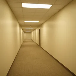 an empty hallway with stained beige carpet and yellow flourescent lights