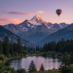 breathtaking himalayan landscape, pastel sunset, lake, pine trees, hot air balloon, last light on mountain top, dreamy colors, photorealistic, landscape photography, beautiful, 4 k, trending on artstation