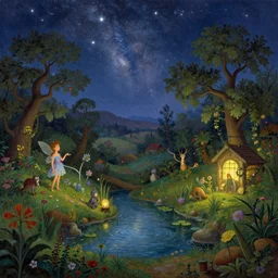 a whimsical fairyland with a pond, starry sky, ambient lighting, fantasy art, thomas kinkade, pieter brueghel, martin johnson heade style art