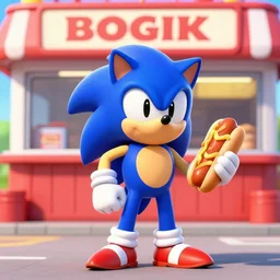 a fat sonic the hedgehog standing outside of a hotdog stand holding a hotdog, on the beach scene, ultra - realistic digital art, detailed textures and lighting, detailed character with intricate face detail