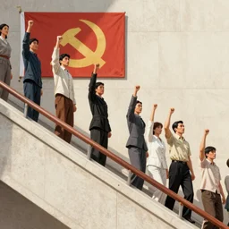 the masses rising up against the banisters, communist propaganda poster style, digital art, 8K HD