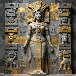 beautiful aztec inca woman colossus full body well proportioned stands among tiles by eddie mendoza hyperrealism expressive cyborgess symmetrical very very detailed giger beksinski grey and gold