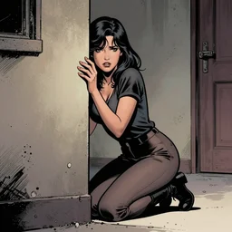 a woman on her knees hiding behind a wall in fear, comic book style