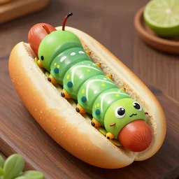 a hotdog with highly detailed features of a caterpillar