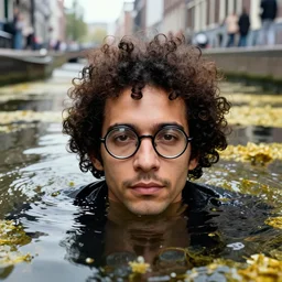 closeup potrait of a man with curly hair and round glasses swimming in nuclear waste water in an amsterdam street, photograph, natural light, sharp, detailed face, magazine, press, photo, steve mccurry, david lazar, canon, nikon, focus