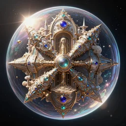 space ship, half soap bubble mind, half symetrical highly detailed ornate with jewels and precious metals futuristic, half sandman kingdom, half kingdom of dreams, space ships, hiperrealistc, global illumination, radiant light, art by gregory manchess