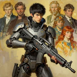 portrait max mad cyberpunk, machinist tech rifle gun design, painting by gaston bussiere, katsuya terada, nc wyeth, greg rutkowski, craig mullins, vermeer, frank frazetta, mucha, tom of finland, trending on artstation, jeffery catherine jones