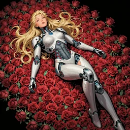 comic book illustration, an android princess lying on a bed of roses, cyberpunk concept art by Moebius, highly detailed, intricate, sci-fi, sharp focus, Trending on Artstation HQ