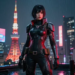 An epic comic hyperrealistic full body shot portrait illustration of a cyber warrrior girl wearing futuristic wardrobe, black and reddis, ultradetailed face expression trending on artstation and artbreeder, cyberpunk 2077 color, heavy rainning at tokyo night, neon light rooftop, unreal 5, DAZ, 8k, unreal 5 engine render, cosplay, RPG portrait, final fantasy Vll world concept, dramatic lighting, rim lights, PS5 render quality