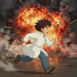 a wholesome animation key shot of a focused lab technician running away from an explosion, smoke, fire, medium shot, waist up, studio ghibli and disney animation, sharp, rendered in unreal engine 5, anime key art by greg rutkowski, bloom, dramatic lighting, artstation, instagram