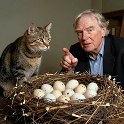 david attenborough pointing at a cat in a big nest, lots of eggs. national geographic, strange, photorealistic