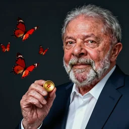 a art of the Brazilian president Lula. golden buttons, red lining. dark background. next to red butterflies. digital art by Dan Mumford and Peter Mohrbacher, highly detailed, trending on ArtStationHQ , lula Inácio