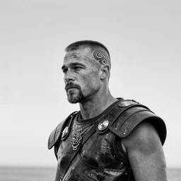 a bw wide photo of cinematic view showing old brad pitt as viking, shaved haircut, no mustache, showing maori tattoos in the head, using leather armour, with necklace of garnets, silly expression, photorealistic, volummetric light, depth of field, detailed, texturized, zeiss lens high professional mode ipa awards, sony world photography awards, monovision