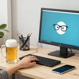 a mongoose! with glasses working on a pc, a dimple beer mug and iphone on the desktop