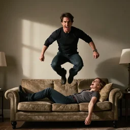 ( tom cruise jumping on couch and screaming ) ( emma watson standing in corner )