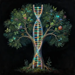 human dna! is biblical rooted tree! of wisdom! and knowledge! and eternal life! and enlightenment, enchanted botany illustration, dark background, by marianne north, by android jones, digital bioluminiscent oil painting, very coherently symmetrical, octane render, high contrast