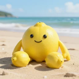 a lemon in shape of a human with legs of lemons and round body, arms of lemons, relaxing on a beach, very realistic, high quality, volumetric light