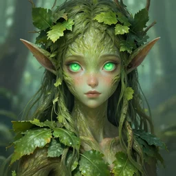 A realistic anime portrait of a beautiful dryad with glowing green eyes, tree bark skin, and foliage for hair wearing clothes made of leaves, digital painting, by Stanley Artgerm Lau, Sakimichan, WLOP and Rossdraws, digtial painting, trending on ArtStation, SFW version